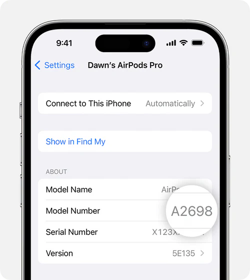 Réglages Bluetooth d’un iPhone affichant le numéro de modèle des AirPods